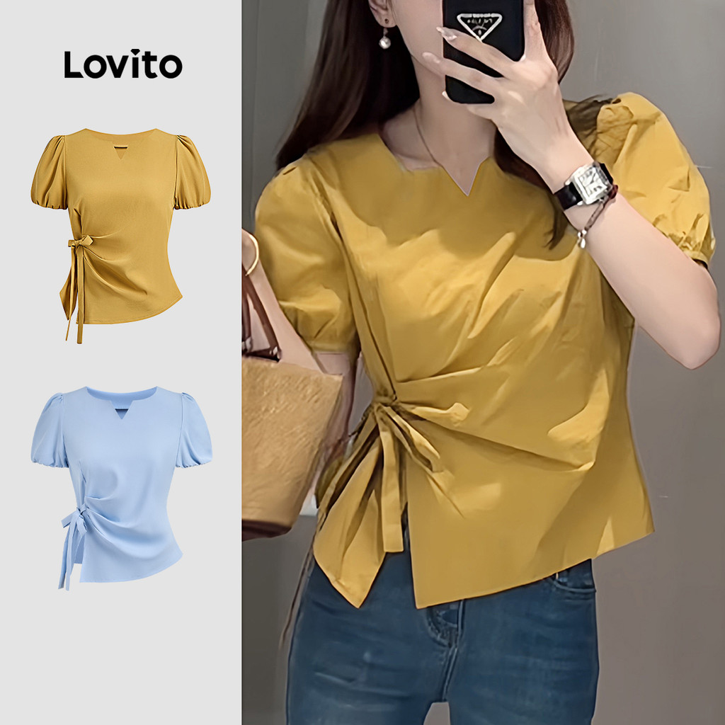 Lovito Blusa Casual Com Cadarço Assimétrico Primavera/Verão Blusa Amarela Para Mulheres L134ED825 em Oferta na Shopee
