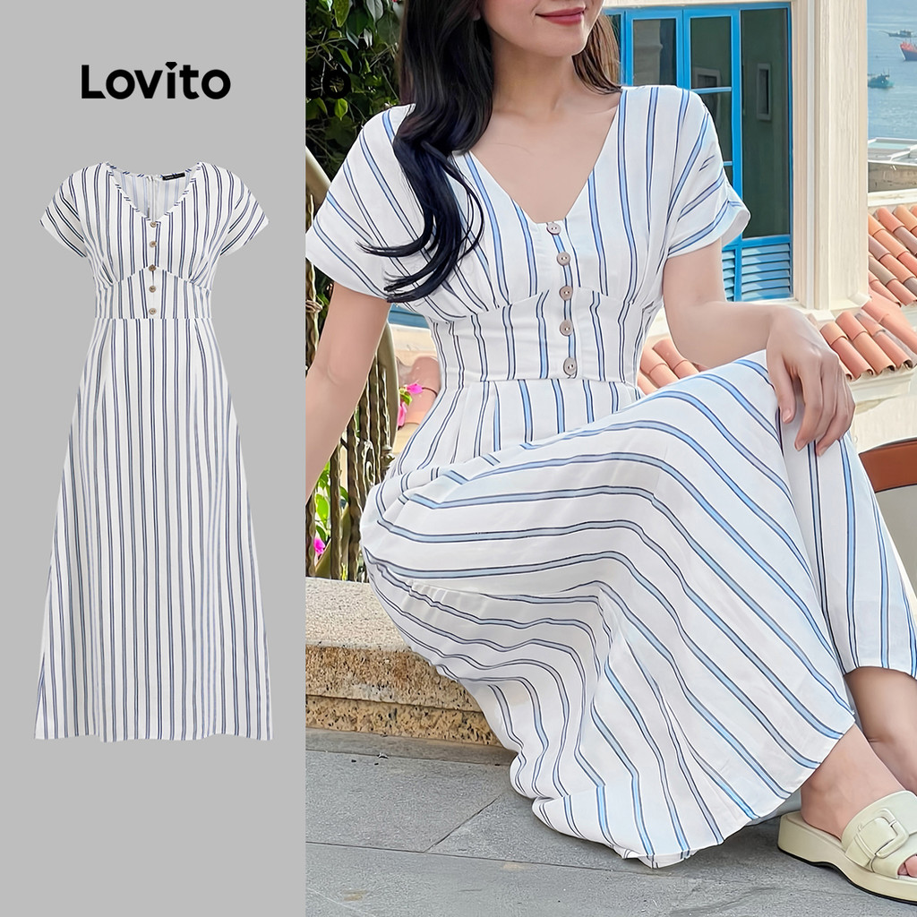 Lovito Vestido Casual Drapeado Com Botão Plissado Vestido De Verão/Primavera Para Mulheres L129AD1056 em Oferta na Shopee