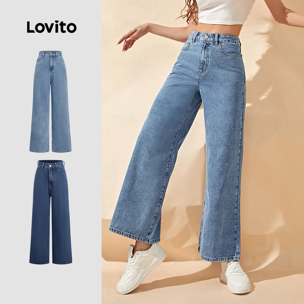 Lovito Calça Jeans Casual Com Bolso Liso Para Mulheres L118ED181 em Oferta na Shopee