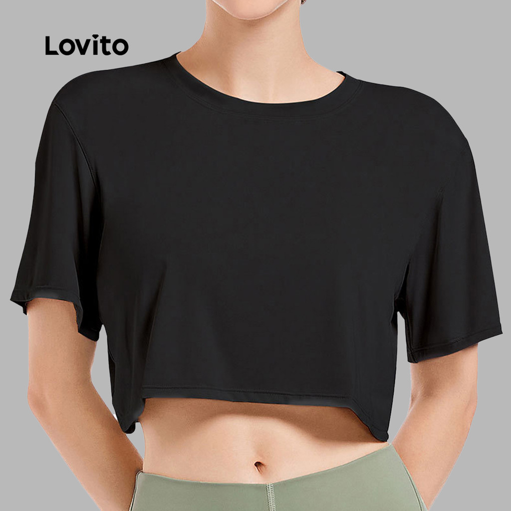 Detalhes do Lovito Camiseta Esportiva Sporty de Manga Curta e Secagem Rápida para Yoga Pickleball e Corrida para Mulheres LNL75219