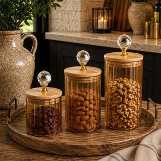 Kit 3 Porta Mantimentos Vidro Canelado Âmbar Luxo - Vencedor