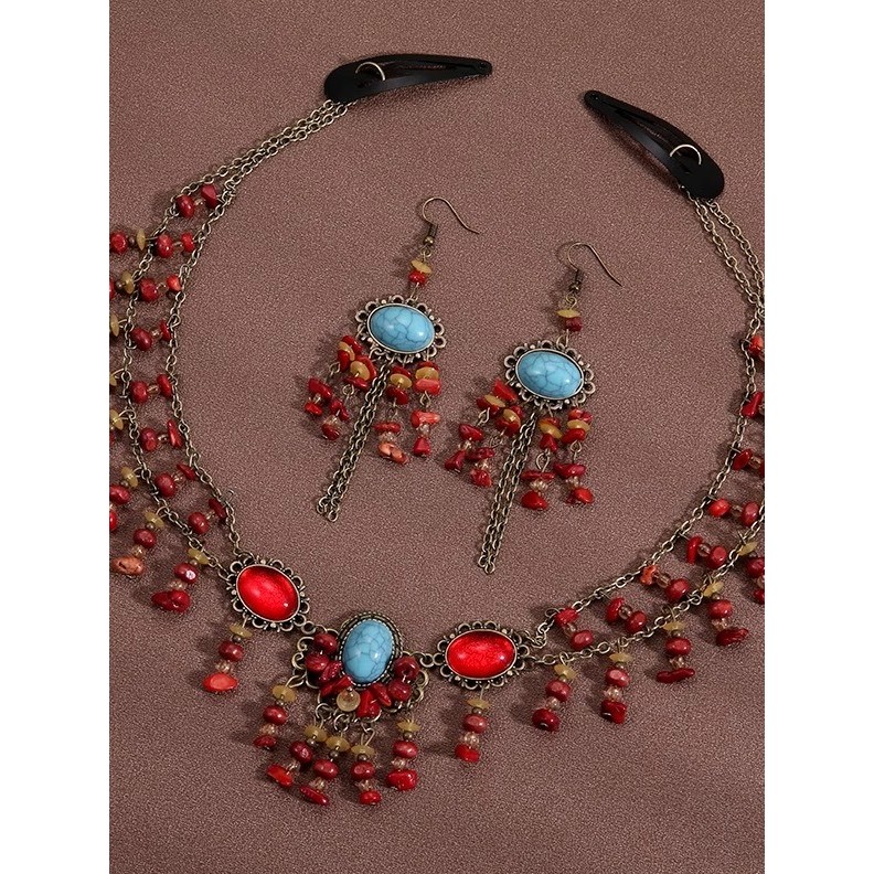 Jóias mongol Retro testa corrente feminino deserto foto exótico antigo traje antigo vermelho sobrancelha pingente cocar
