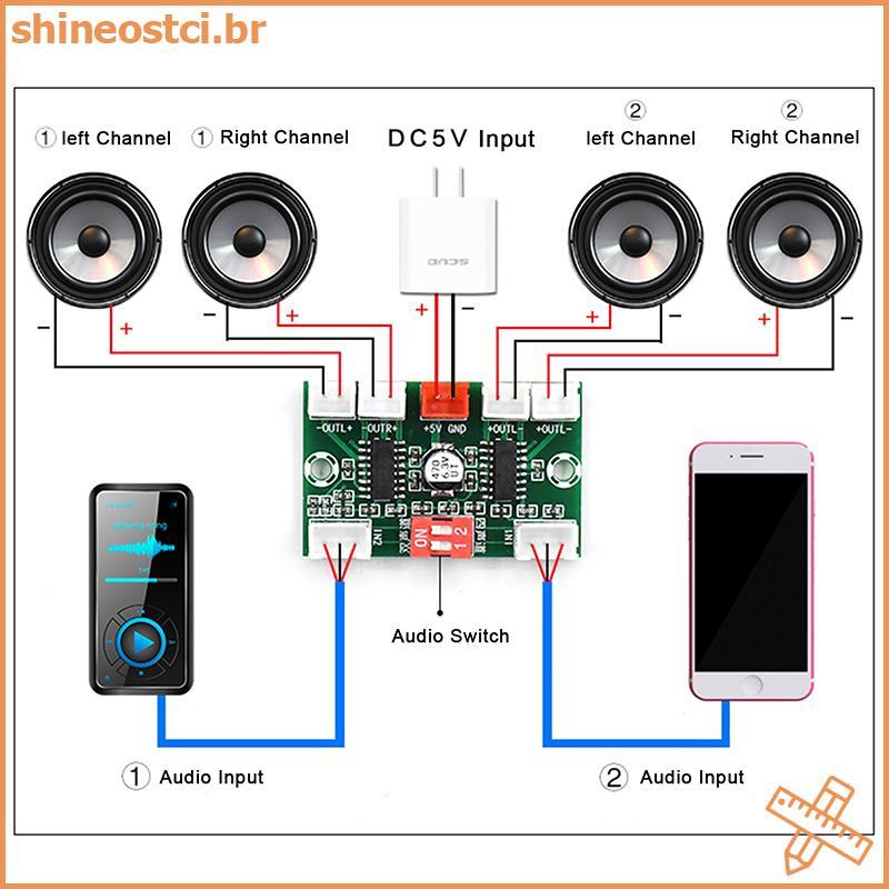 SHINE Mini PAM8403 Placa Amplificadora De Áudio Digital 4 Canais 3W * 4 DC 5V Som Estéreo ,
