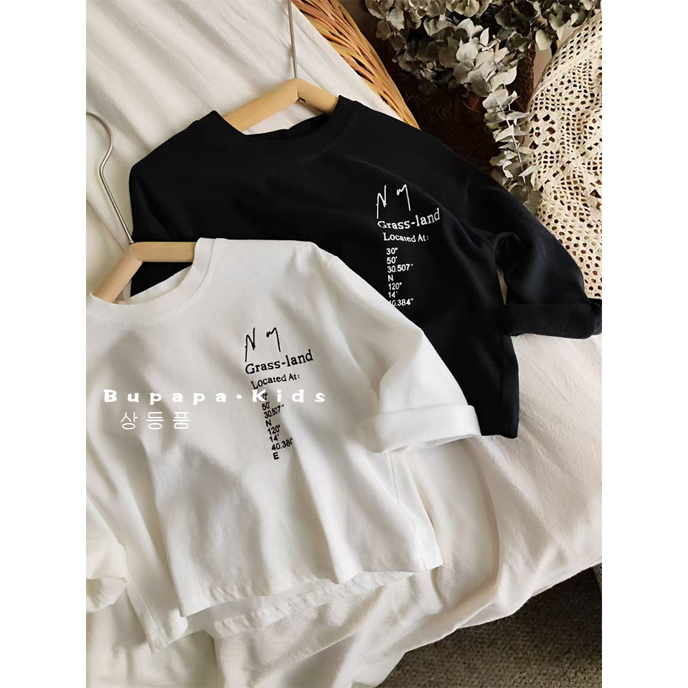 Estilo ocidental All-Match ~ moda preto branco carta camiseta crianças de manga comprida topo bebê algodão camisa de fun