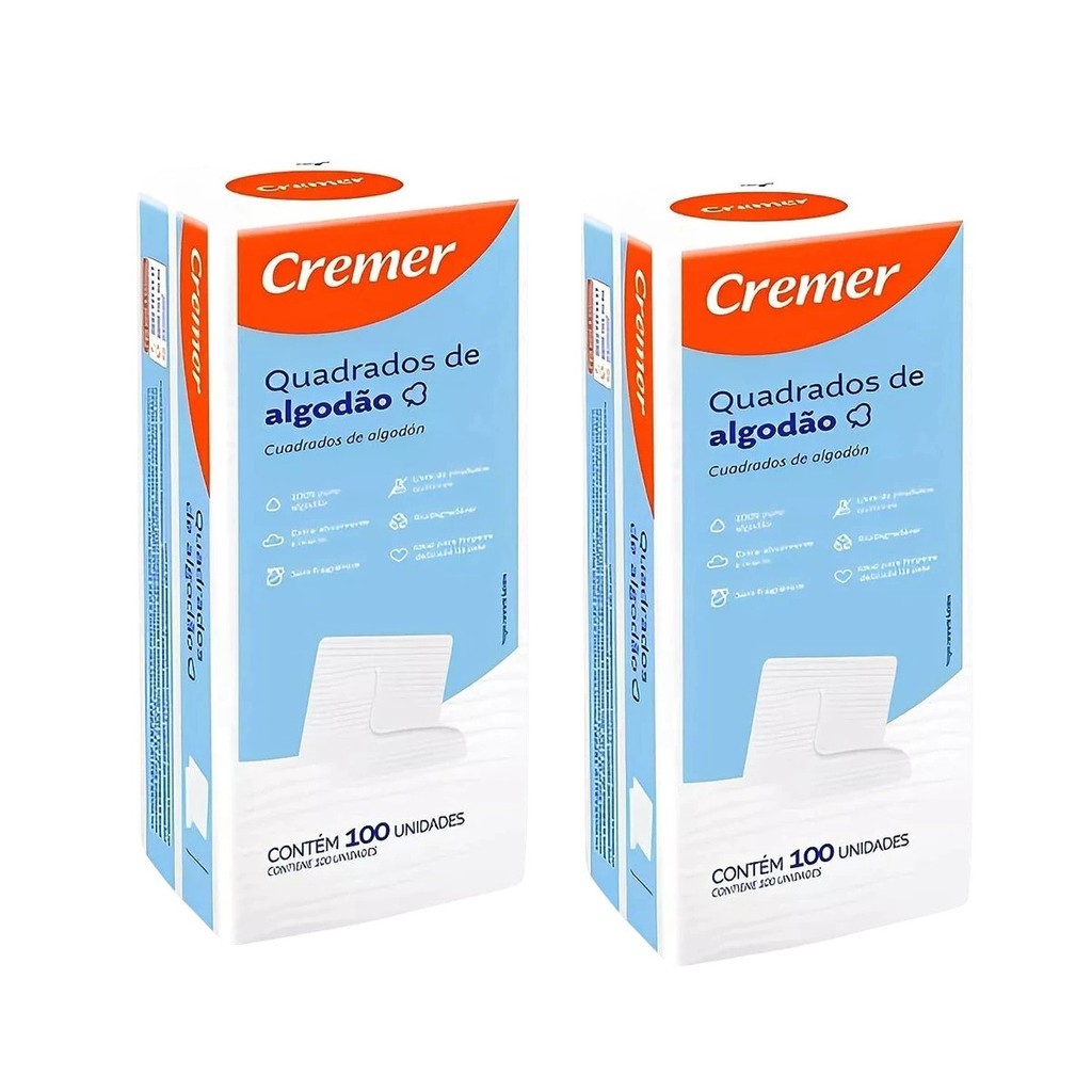 Kit com 2  Algodão Quadrado Sem Perfume Cremer 100 Un cada