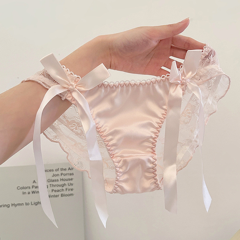 Calcinhas de malha para meninas, estilo japonês, puras e sedutoras, com laço, cintura baixa sexy, finas, renda semitrans
