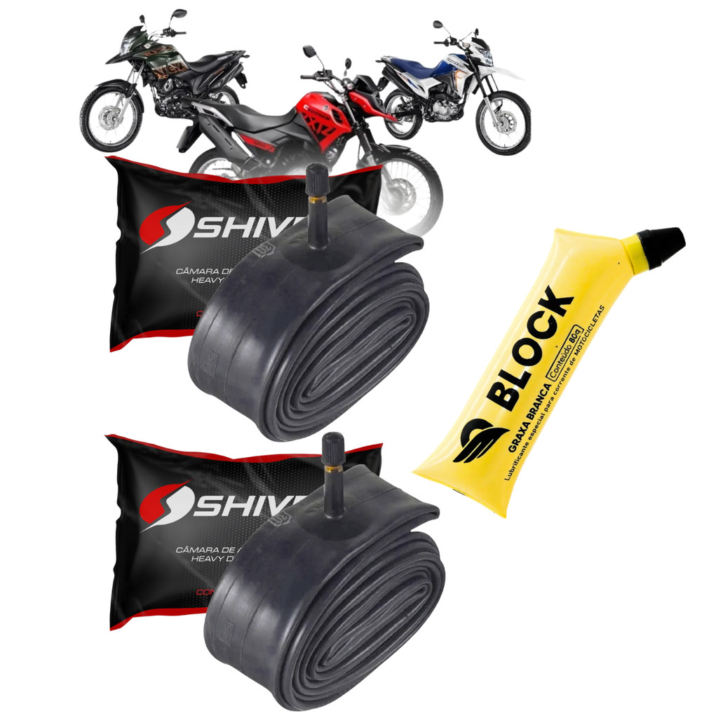 Kit 2 Câmaras De Ar Moto Shiver Aro 17 19 Par Dianteira Traseira e Graxa Branca De Brinde Pneu Bros 160 XRE 190 Crosser