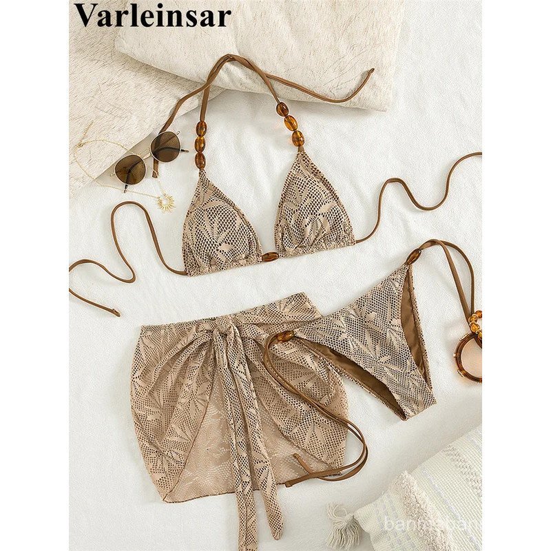 S - XL Com Saia Biquíni Estampado Halter Feminino Moda Praia Conjunto de Biquíni de Três Peças Roupa de Banho V8195