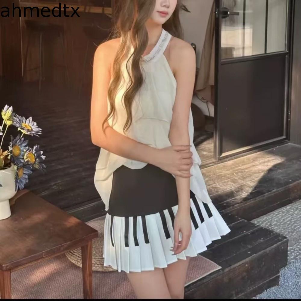 Saia De Piano AHMEDTXB , Estilo Formal , Preto E Branco , Plissada Para Teclado , Vestido JK Curta Fina
