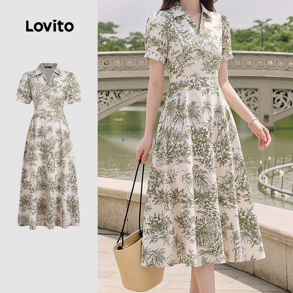 Lovito Padrão de Zíper Vestido Boho Vestido Exquisito Primavera/verão para Mulhe
