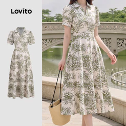 Lovito Padrão de Zíper Vestido Boho Vestido Exquisito Primavera/verão para Mulheres LK4ED563