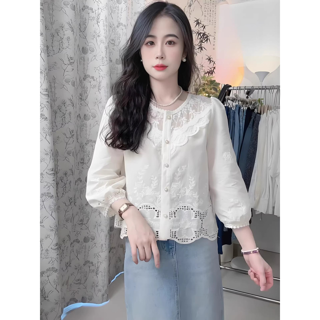 Super agradável moda camisa de manga de três quartos feminina estilo ocidental em torno do pescoço topo primavera outono