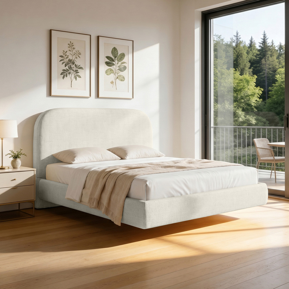Cama Casal Flutuante Com Cabeceira 140cm Aura W01 Linho Cru - Lyam Decor