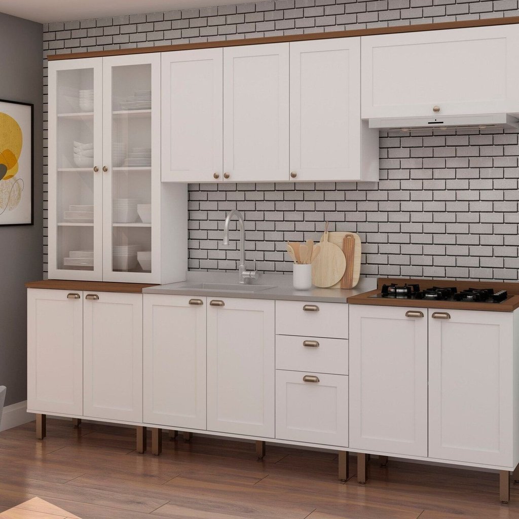 Cozinha Modulada com Cristaleira e Balcão para Cooktop 100% MDF Iluminata Branco/Betalhes Ébano Branco/Ébano