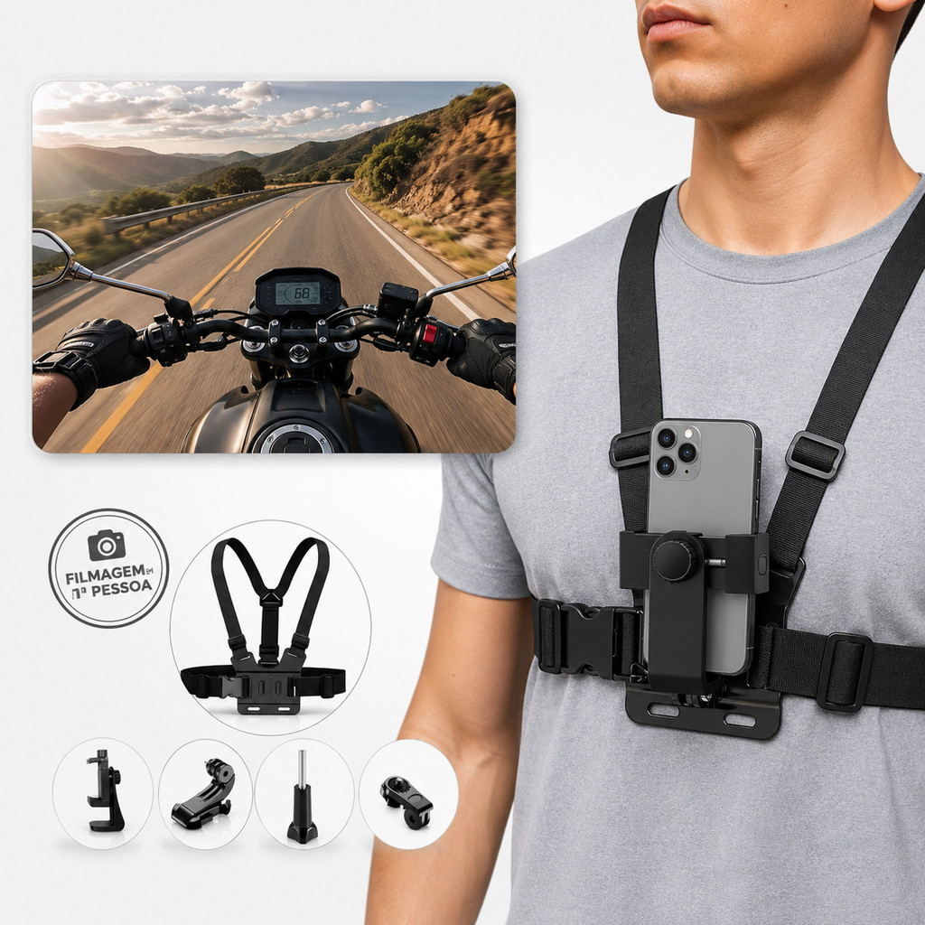 Suporte de Peito com Adaptador Universal para Celular e Câmera GoPro