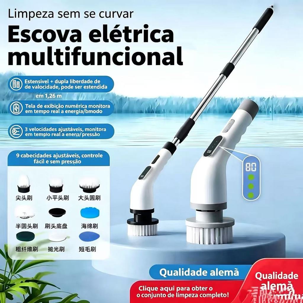 Kit 9 em 1 Escova Elétrica Giratória 9 em 1 Power Clean com Cabo Alongador Limpeza Pesada Prática