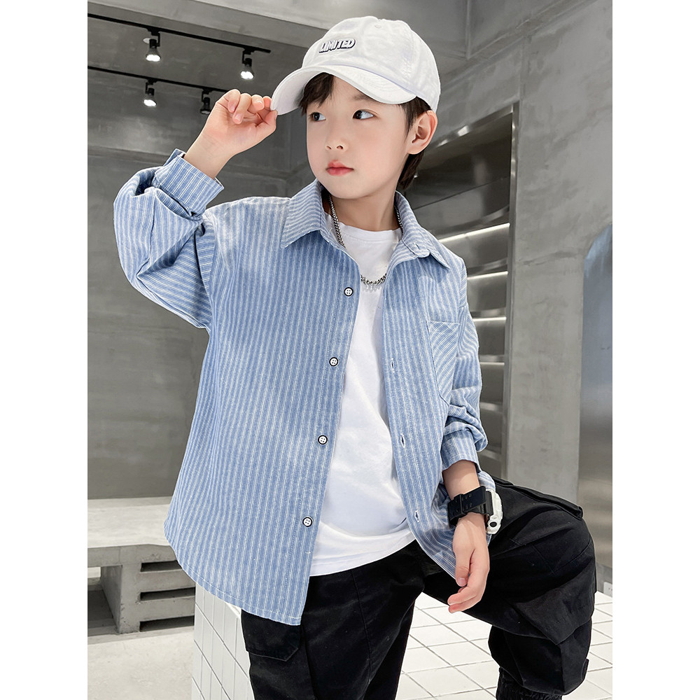 Meninos primavera outono camisas versão coreana médio grande crianças moda camisas listradas de manga comprida meninos m
