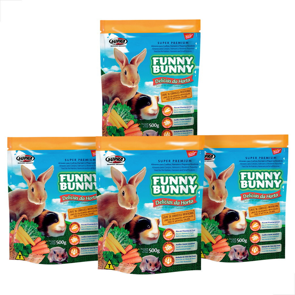 Kit 4 Ração Coelhos Funny Bunny Delícias da Horta 500g Alimento Completo Roedores Alfafa Cenoura Vitaminas