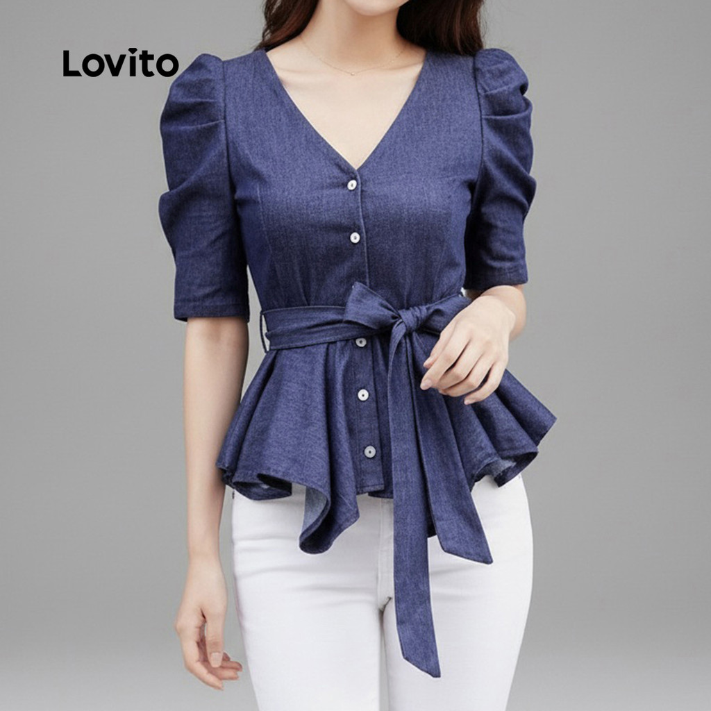Lovito Blusa Elegante com Cinto e Babados Na Barra Blusa Azul Marinho Primavera/verão para Mulheres LK6LD009 · foto 2