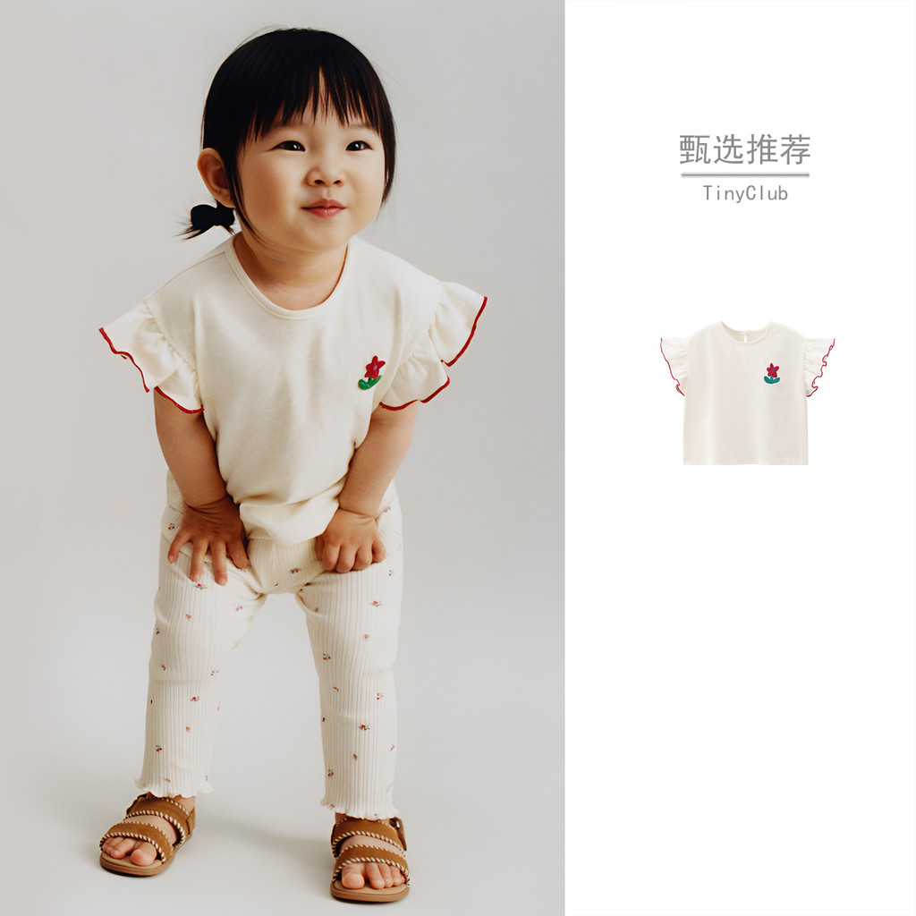 Feminino bebê de manga curta bordado camiseta verão novo estilo crianças dos desenhos animados manga voadora solta em to