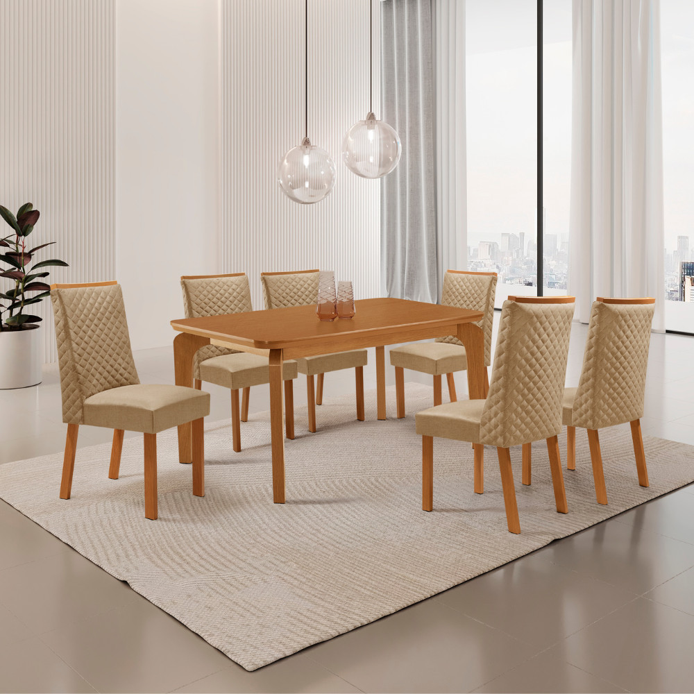 Mesa de Jantar Liz Yasmin 180 cm Tampo MDF Canto copo Laminado com 6 Cadeiras Moderna Mobília