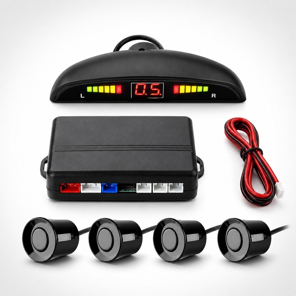 Sensor de Ré Estacionamento Preto 4 Sensores Universal Para Carro Caminhão Display LED Alarme Sonoro 12V