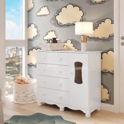 Cômoda Infantil 1 Porta com Janela e 4 Gavetas 100% Mdflana Espresso Móveis Branco/Brilho Branco Brilho