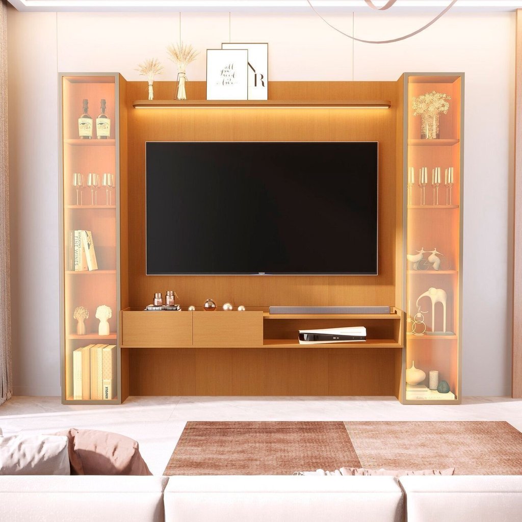 Painel para TV até 75 Polegadas LED Vidro Reflecta 100% MDF 219CMX259CM Vitoria Regia Yescasa Marrom Nature Nature