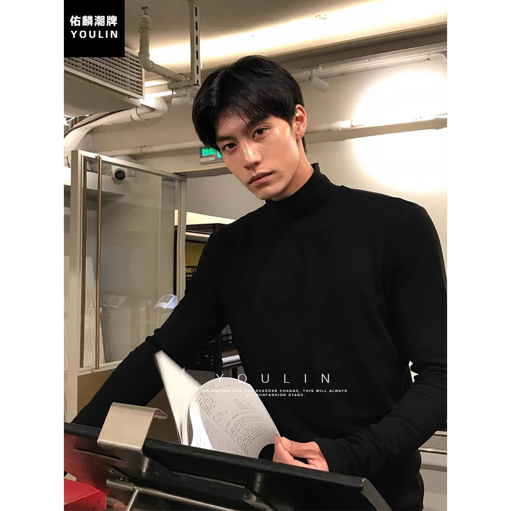 Preto meia gola alta alemão veludo camisa de fundo masculino inverno forro de veludo de manga comprida camiseta todo mun