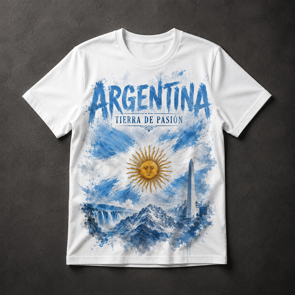 Camiseta Argentina Tierra de Pasión Sol de Maio Obelisco Iguaçu Masculina Estampada
