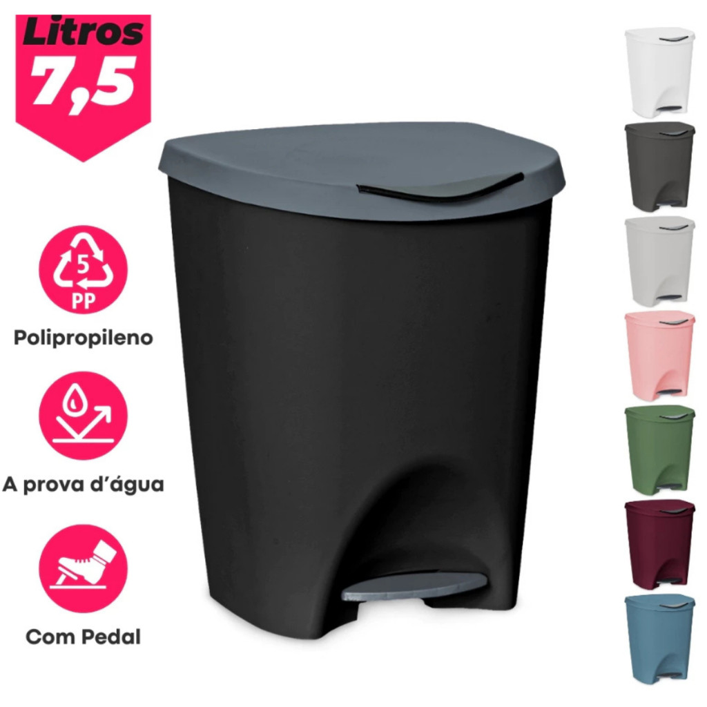 Lixeira com Pedal 7,5 Litros Premium Gourmet Escritório Cozinha Banheiro Quarto - Usual Utilidades