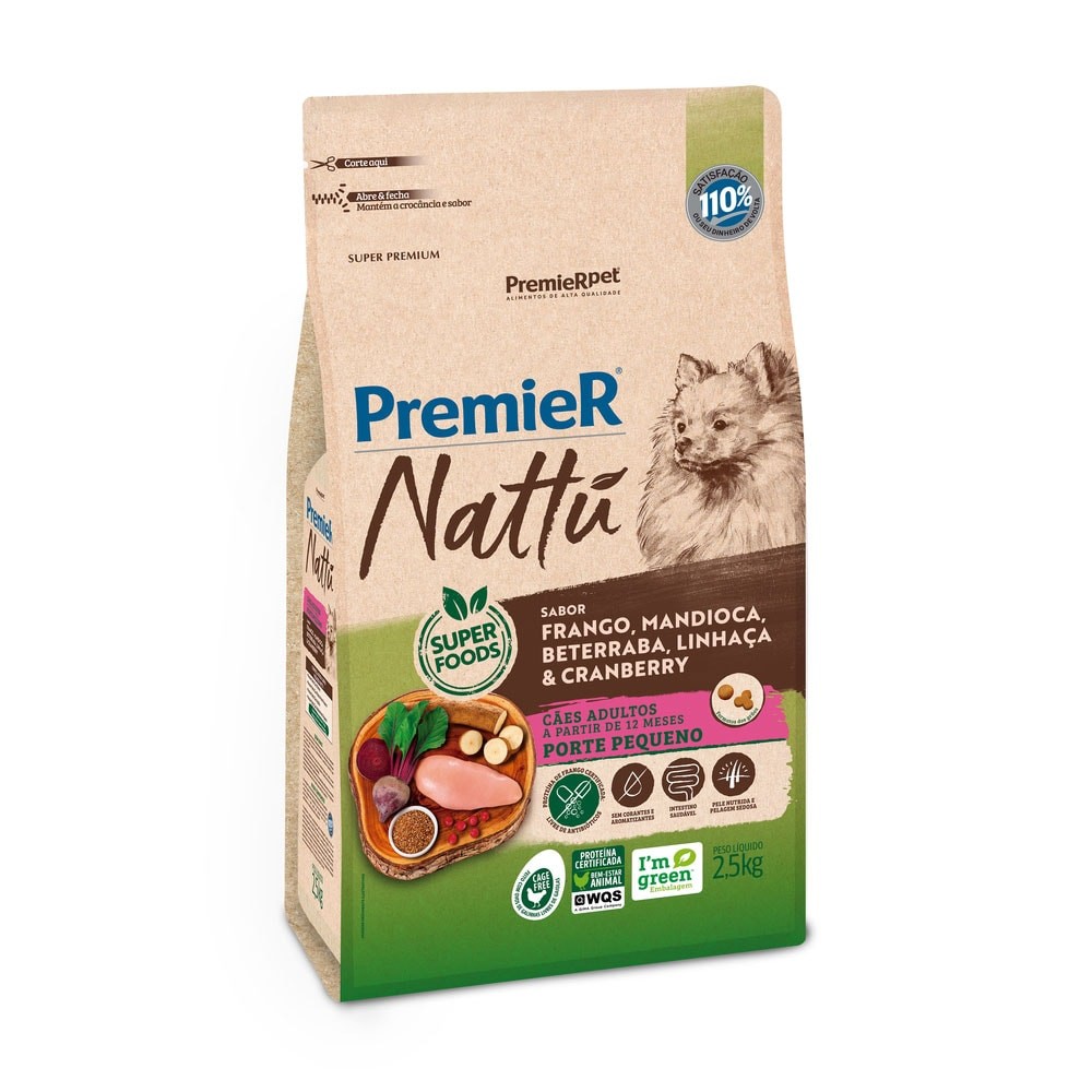 Ração PremieR Nattu cachorros adultos raças pequenas frango, mandioca e linhaça 2,5kg em Oferta na Shopee