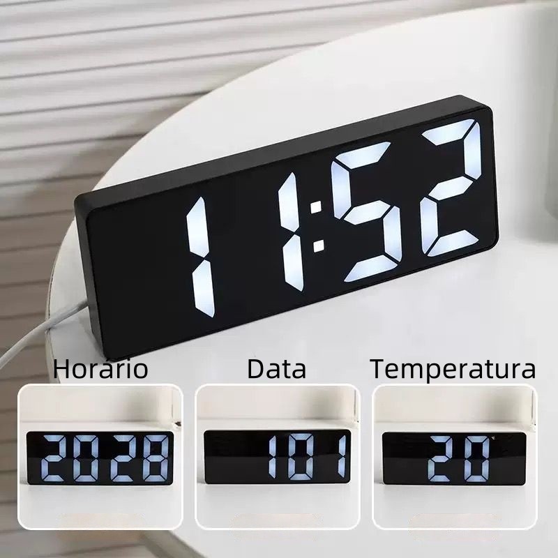Relógio Despertador Digital De Mesa 16X2X6cm Alarme Temperatura 3  Pilha AAA Usb PRETO/ BRANCO  Com Led abbot store em Oferta na Shopee