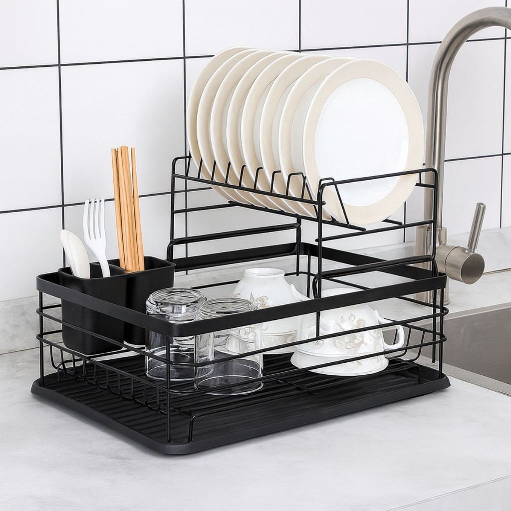 Escorredor de Louça Organizador 2 Andares Rack Preto e Branco em Oferta na Shopee