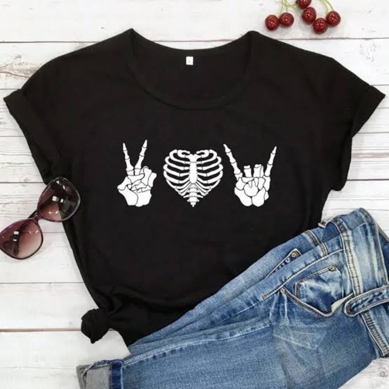 Baby look Rock Amor e Paz - Camiseta Feminina Caveira  Radiologia T-shirt Tumblr Hospital