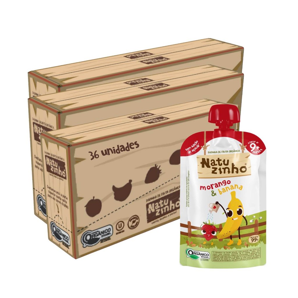 Kit Papinha Organica Natuzinho Morango Banana Bebe 36 unid