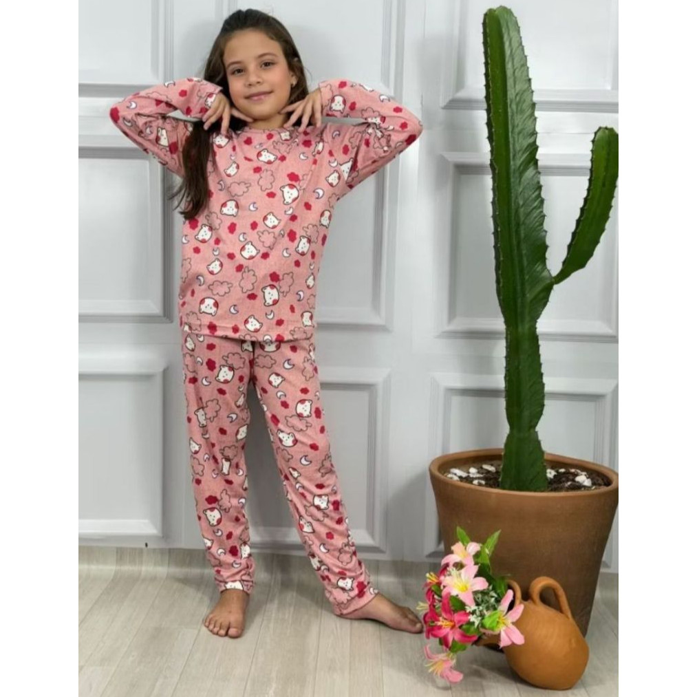 Pijama Estampado Infantil Menina Manga Longa Criança Suede Frio Calça Blusa Conjunto Inverno Dormir