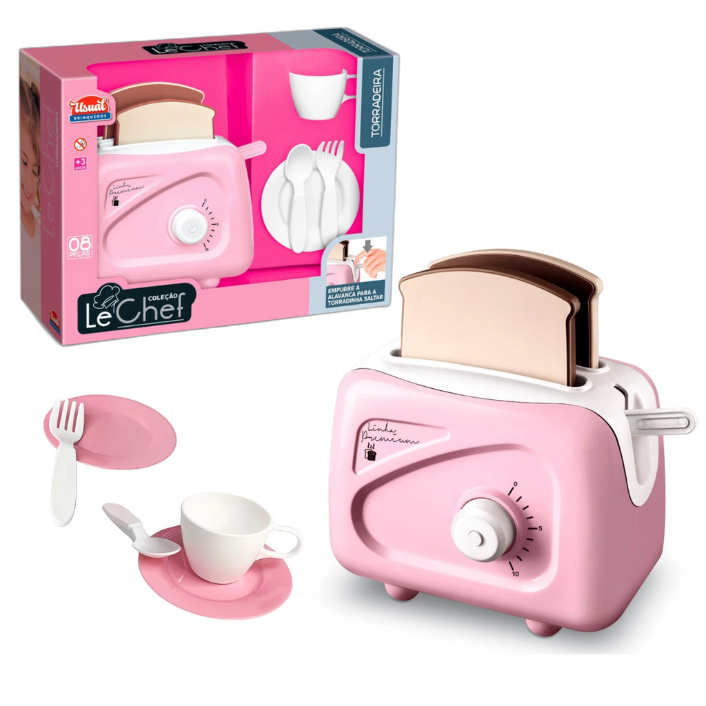 Torradeira Infantil Realista Le Chef Rosa Brinquedo De Cozinha Menina Utensílio Com Acessórios