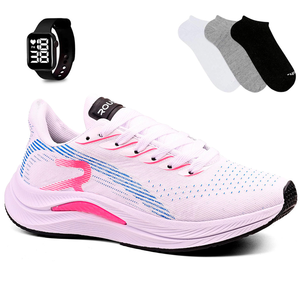 Kit Tênis Feminino Rouder Branco Esportivo De Academia + Relógio + 1 Par De Meia