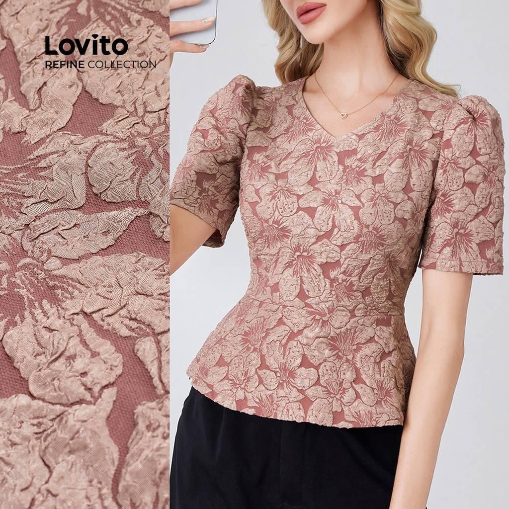 (Lovito Refine) Blusa Elegante com Zíper Primavera/verão Blusa Marrom para mulheres LR18L119