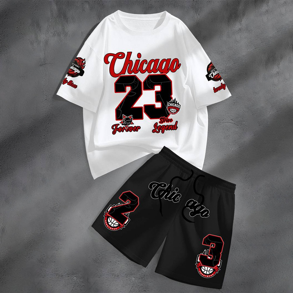 Conjunto Camiseta Algodão E Short Moletom Kit Chicago 23 Estilo Basquete Street Retro Game