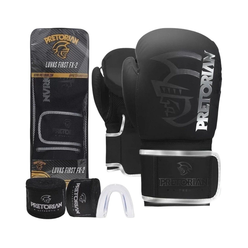 Kit Luva de Boxe Pretorian FX2 16oz Completo Muay Thai + Bandagem + Bucal Preto/Prata em Oferta na Shopee