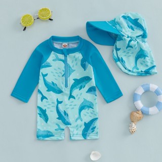 Conjunto De Chapéu De Banho Infantil De Manga Comprida Com Estampa De Golfinho E Meio Zíper Proteção Contra Queimaduras em Oferta na Shopee