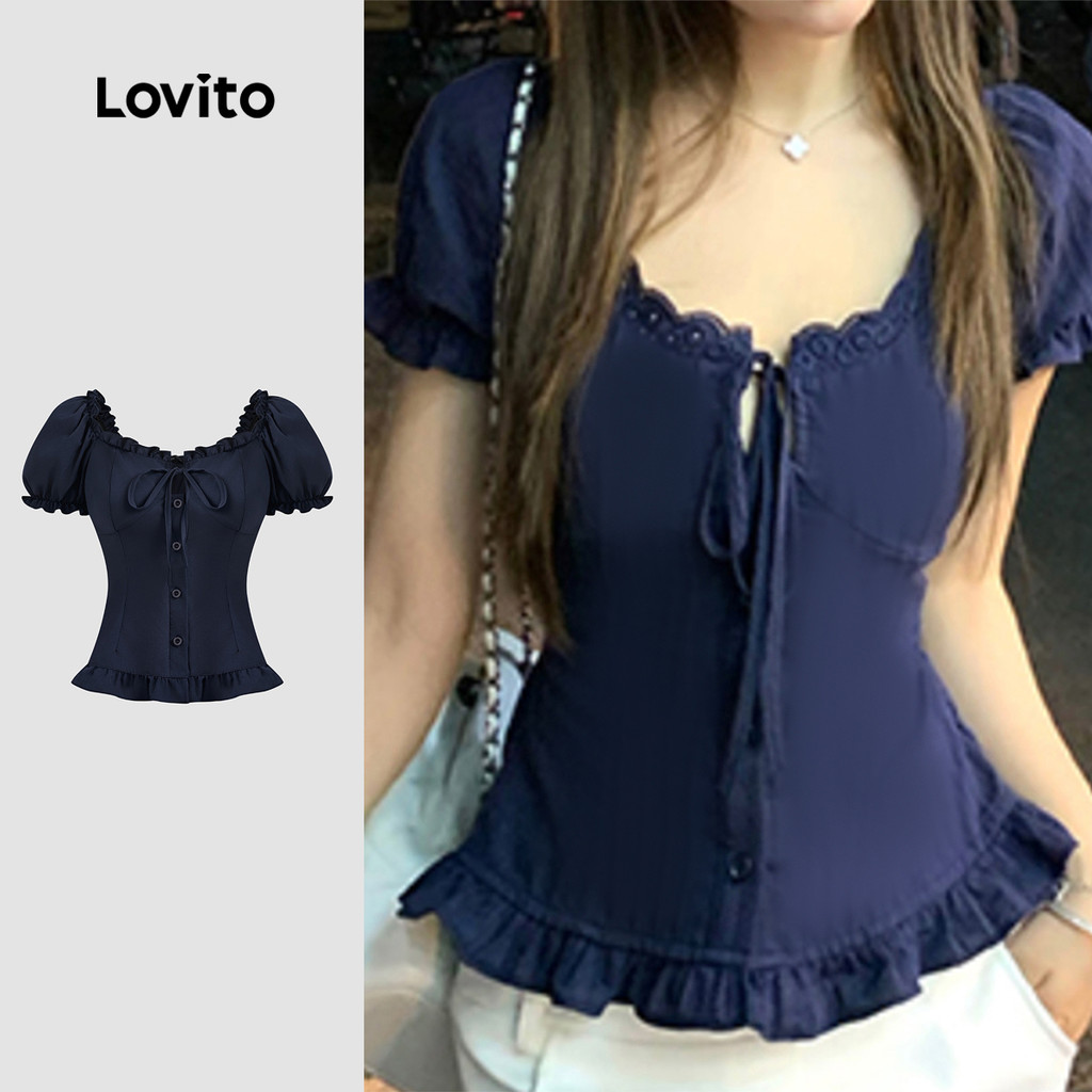 (NEW) Lovito Blusa Casual com Babado Primavera/verão Blusa Azul-marinho para Mulheres L156AD085 em Oferta na Shopee