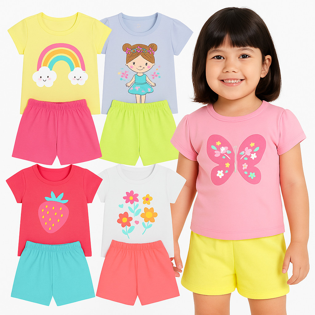 Kit Sortido 6 Peças de Roupas Infantil Menina Verão Camisetas + Bermudas Kit 3 Conjuntos Infantil Menina Verão Bebê