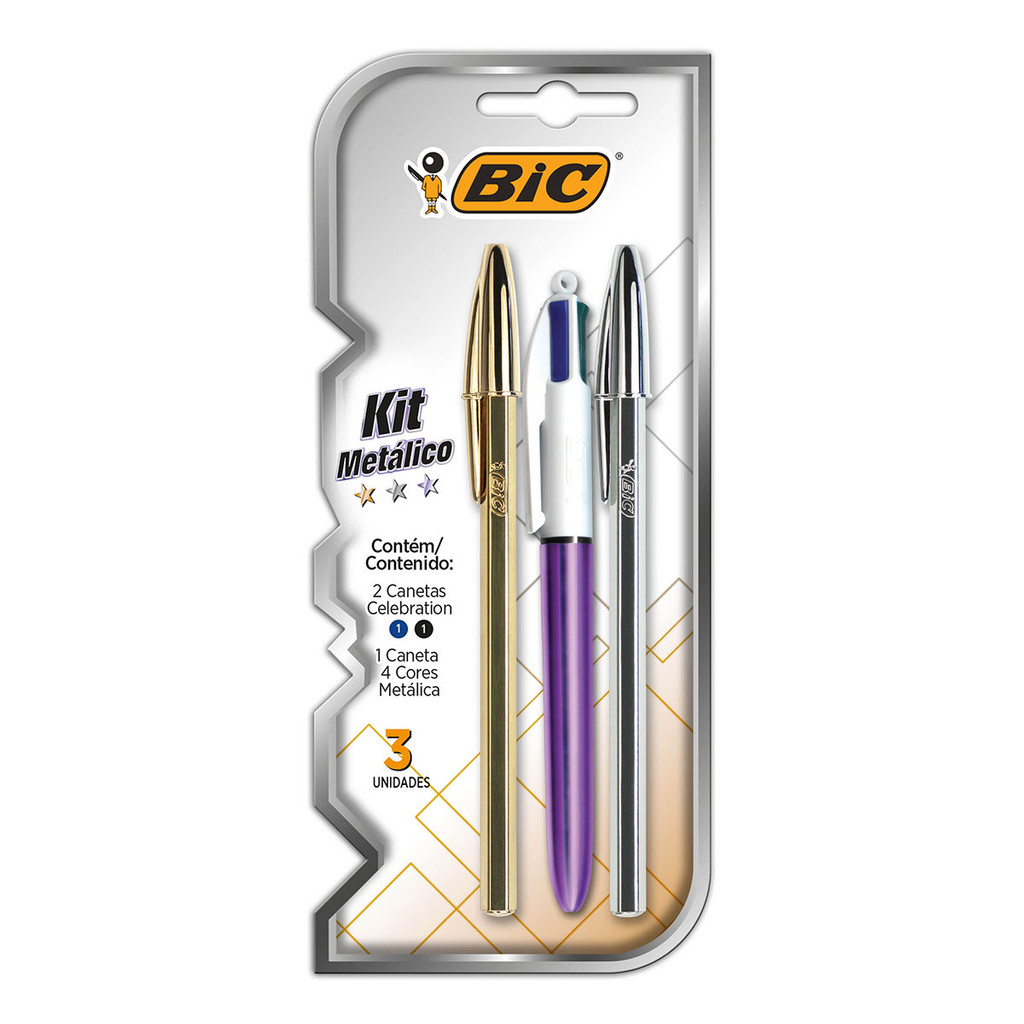 Kit escrita Metálico caneta Celebration 2 unidades e 1 caneta 4 cores Bic