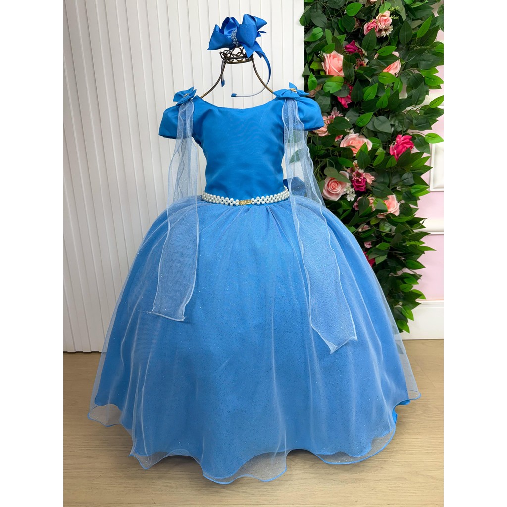 Vestido Infantil Menina Dama De Honra Daminha Formatura Longo Azul Serenity Luxo Casamento Glitter