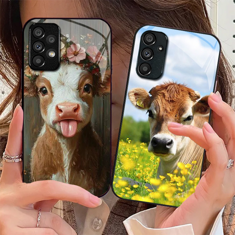 Vaca 03 Caso De Telefone Vidro Para Samsung Galaxy A16 A15 A25 A35 A55 A53 A54 A34 A14 A32 A52 4G 5G Capa A56 A54