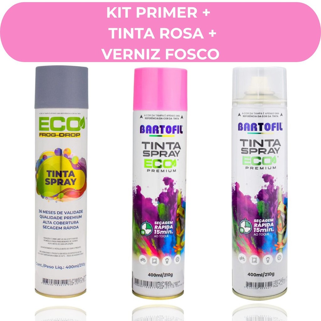 Kit Primer Tinta Spray Rosa e Verniz Fosco Bartofil Uso Geral 400ml Secagem Rápida Madeira Metal MDF Ferro