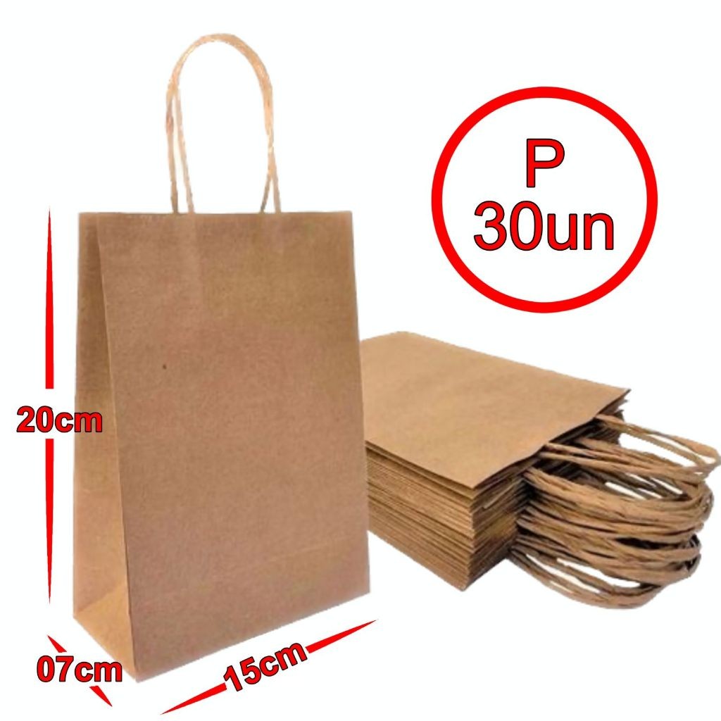 Sacola De Papel Kraft Natural P 15x20x07cm 30 Unidades